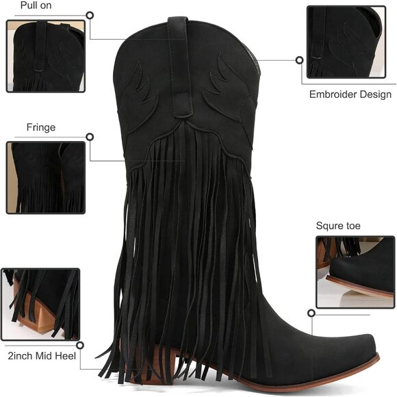Women's Black Fringe Cowboy Boots Square Toe Mid Calf Embroidered Western Boots - Picture 3 of 6